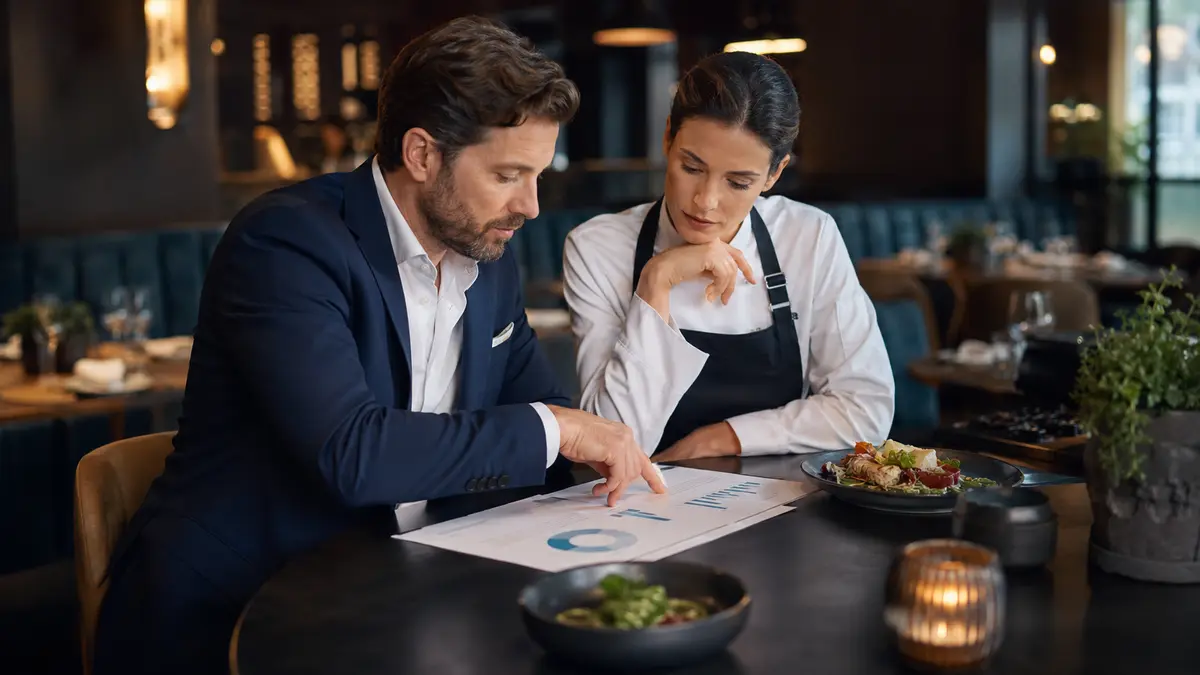Gestores avaliando custos e resultados de alimentos e bebidas