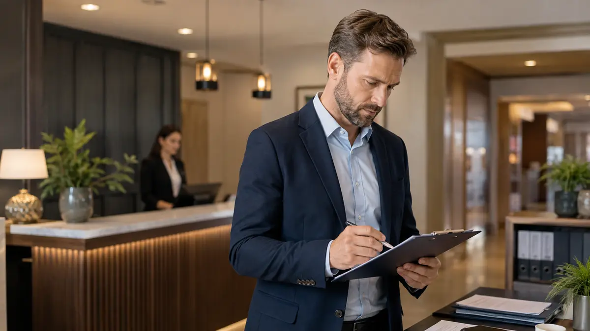 Gestor hoteleiro revisando controles e processos na recepção